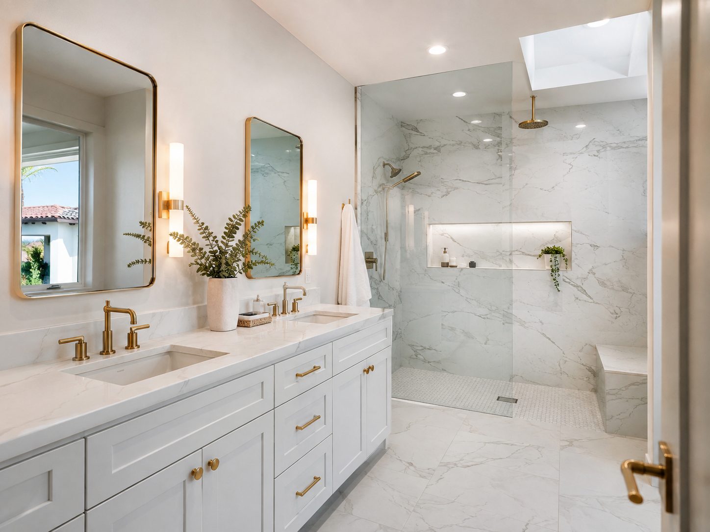 Bathroom with a white shaker double vanity, brass fixtures and sconces, marble slab walk in shower with a lit niche and bench, and a skylight above