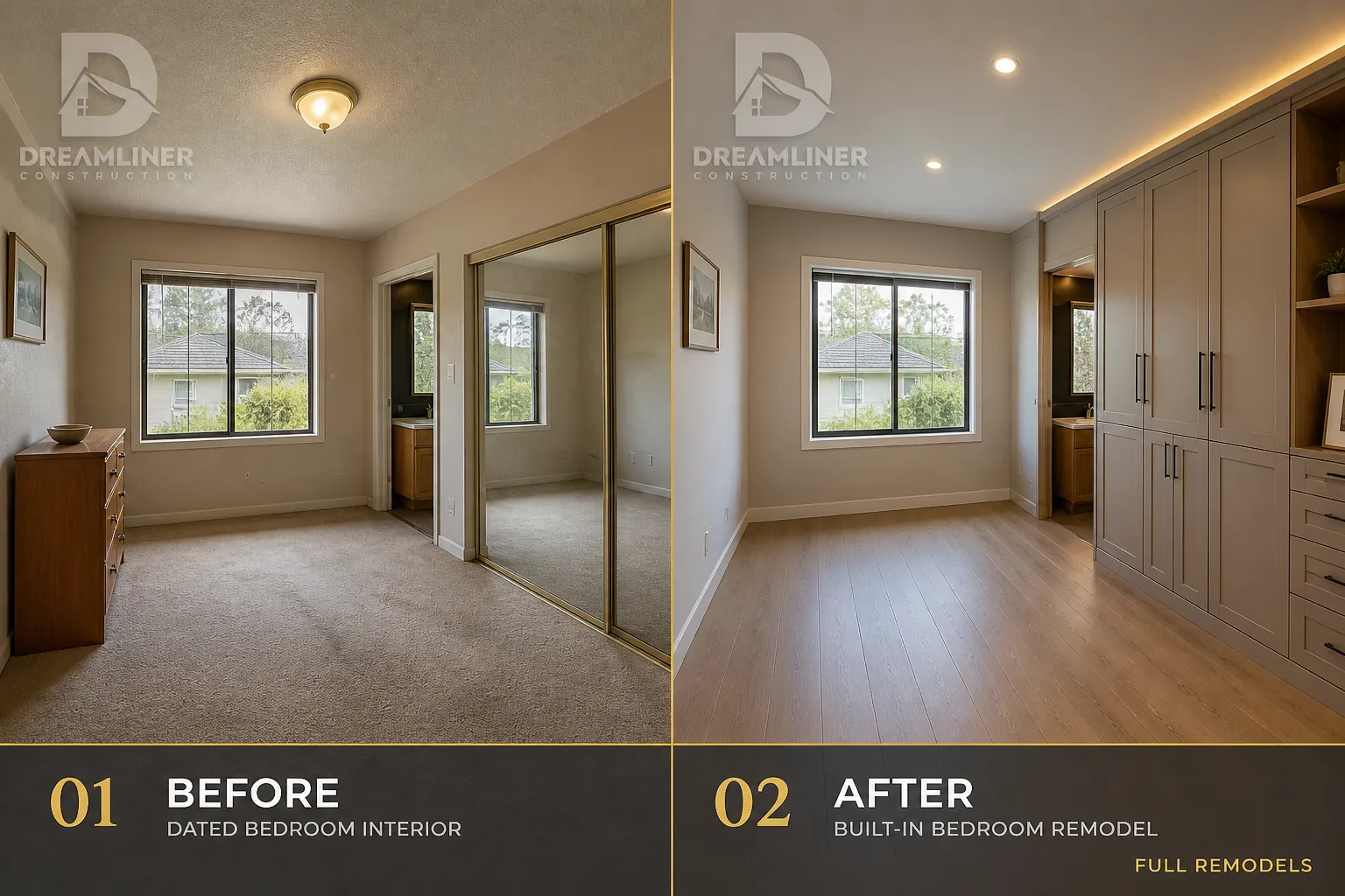 Whole-home upgrade: dated bedroom fitted with full-height built-in storage