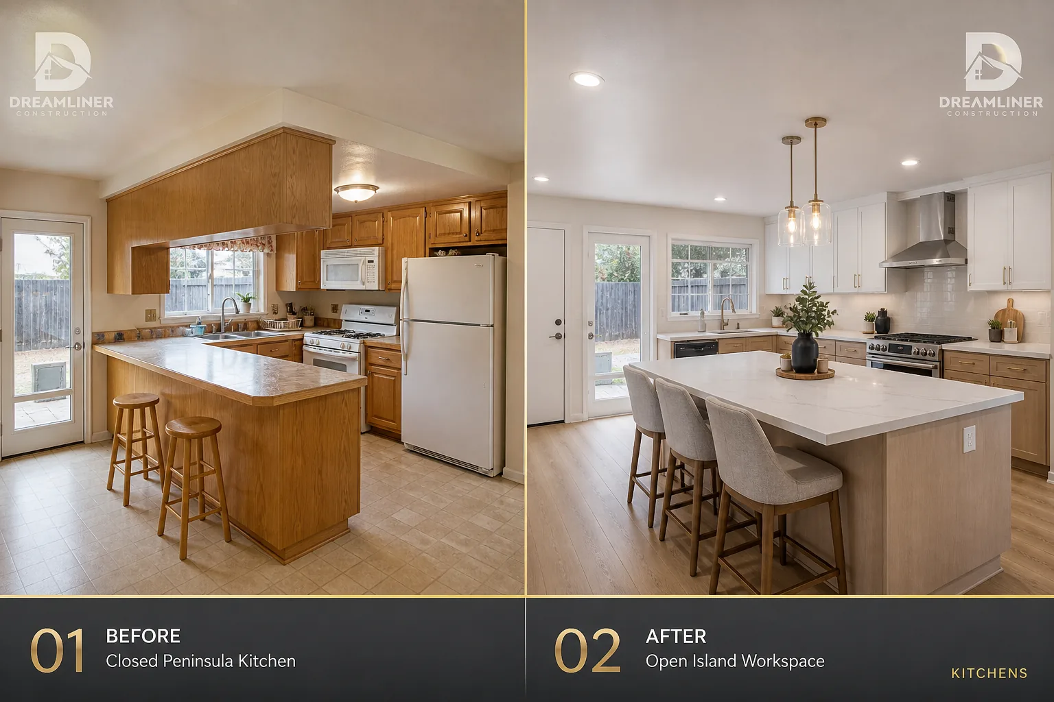 Kitchen upgrade: closed peninsula opened into an island workspace