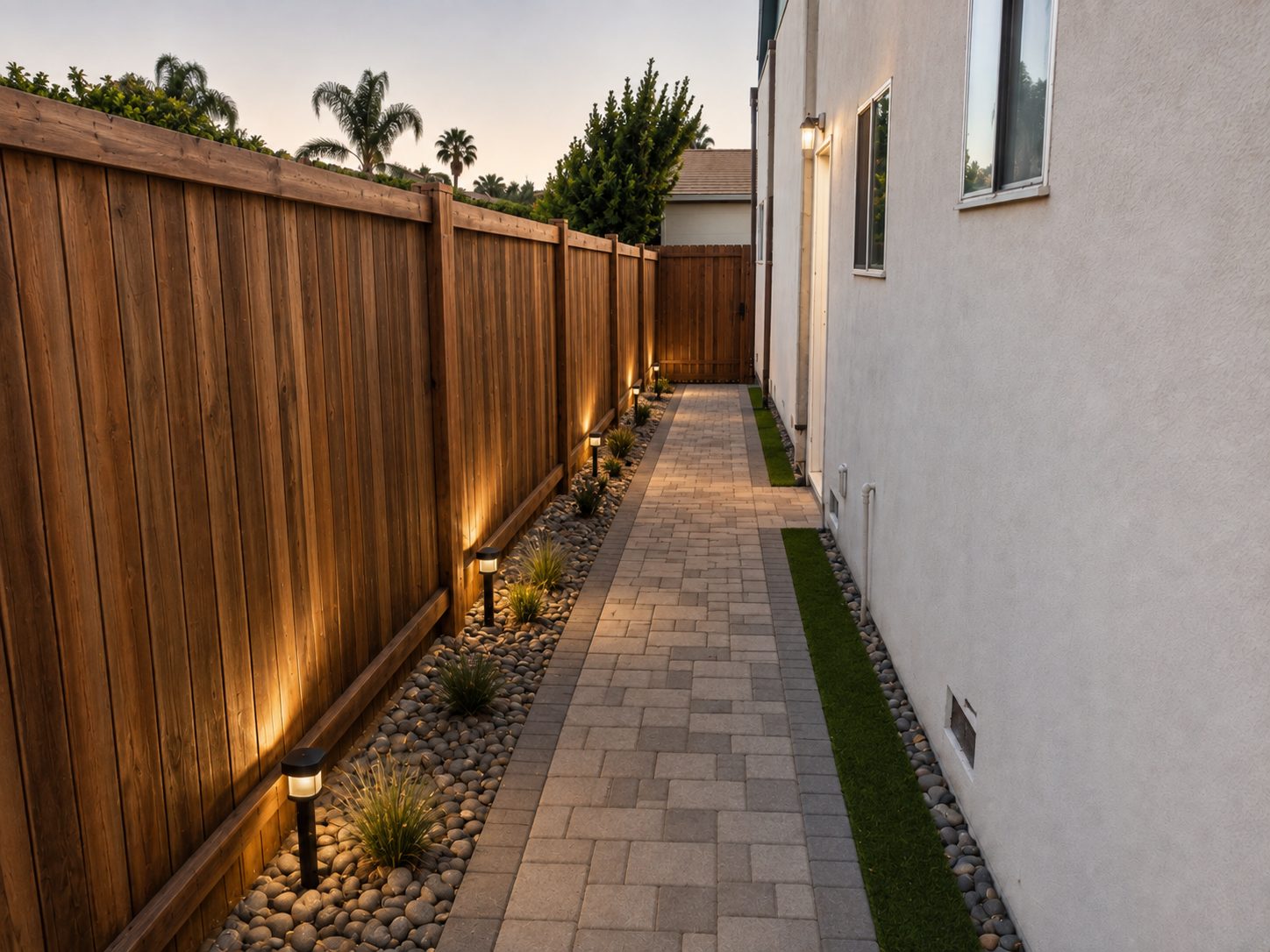 The same side yard with a paver walkway, river rock and planting borders, a new wood fence, and low voltage path lights
