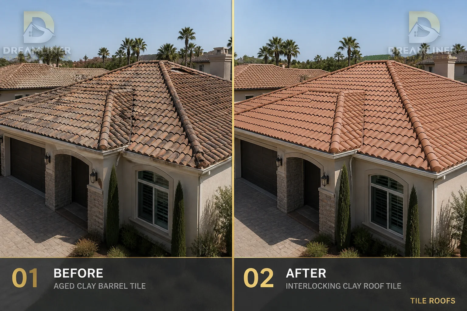 Roofing upgrade: aged clay barrel tile replaced with interlocking clay roof tile