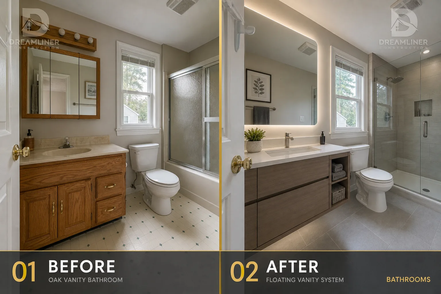 Bathroom upgrade: oak vanity replaced with a floating vanity system