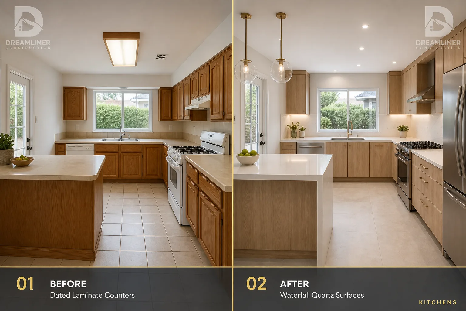 Kitchen upgrade: dated laminate counters replaced with waterfall quartz surfaces