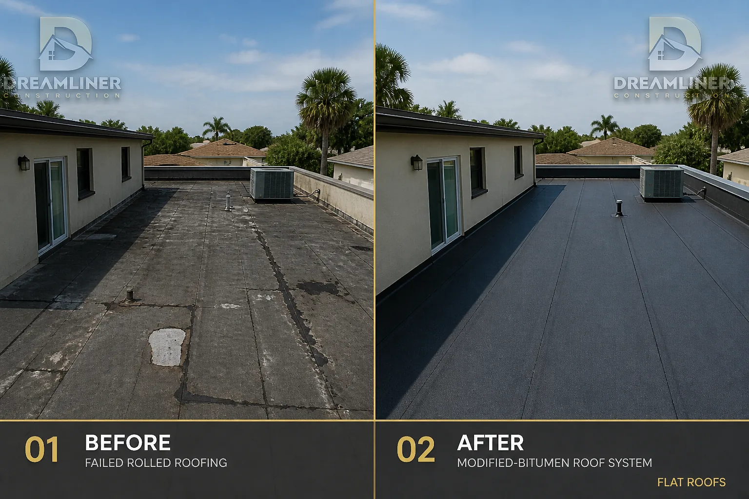 Roofing upgrade: failed rolled roofing replaced with a modified-bitumen system