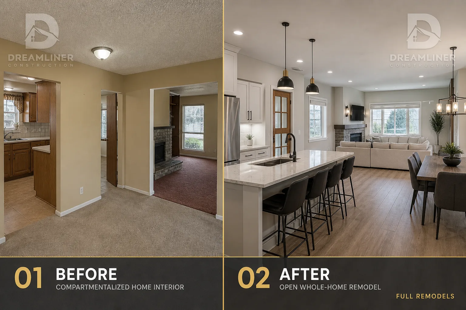 Whole-home upgrade: compartmentalized interior opened into a connected living space