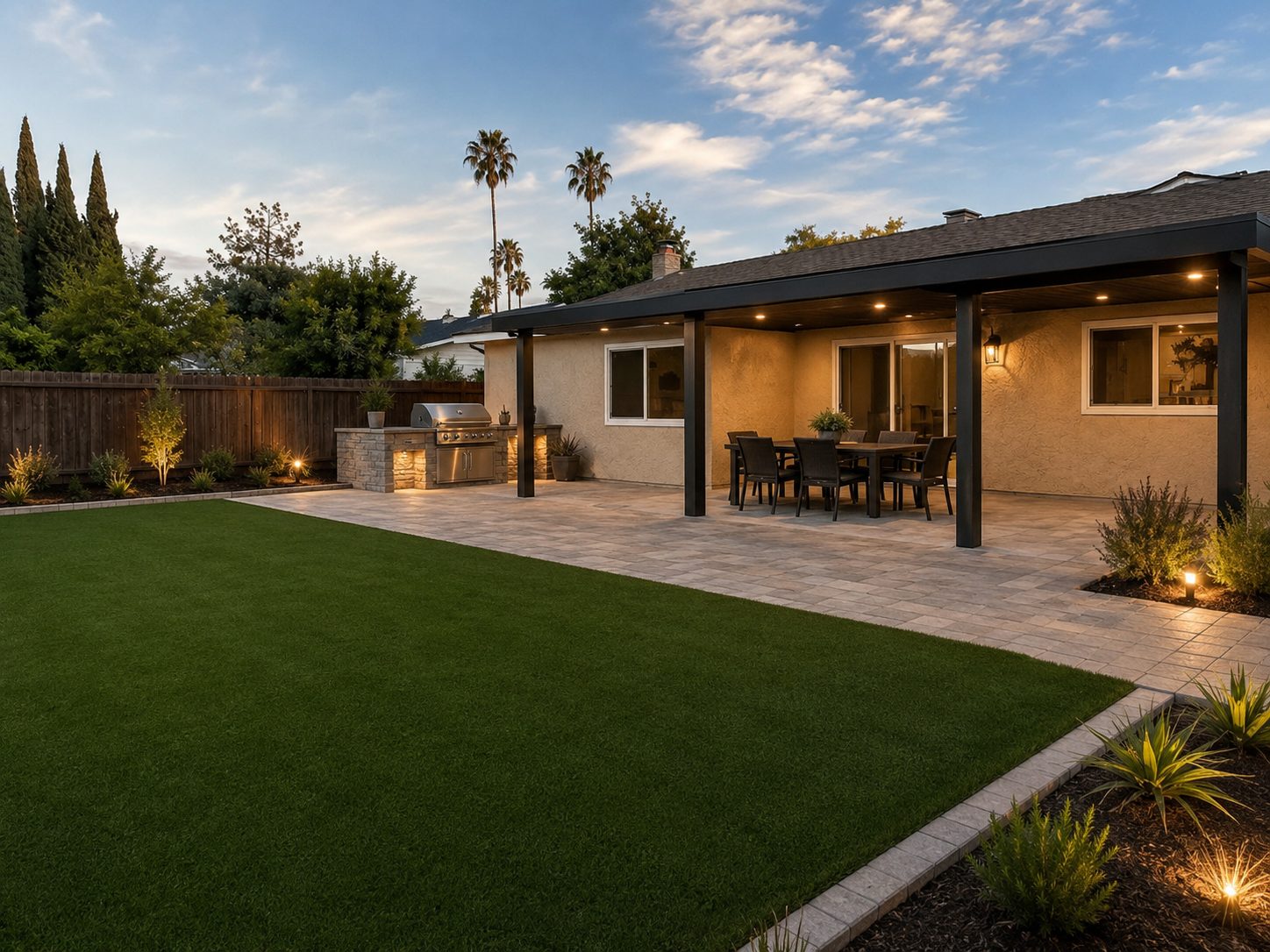 The same back yard with a covered patio, recessed lighting, a built-in outdoor kitchen, paver paving, and a turf lawn
