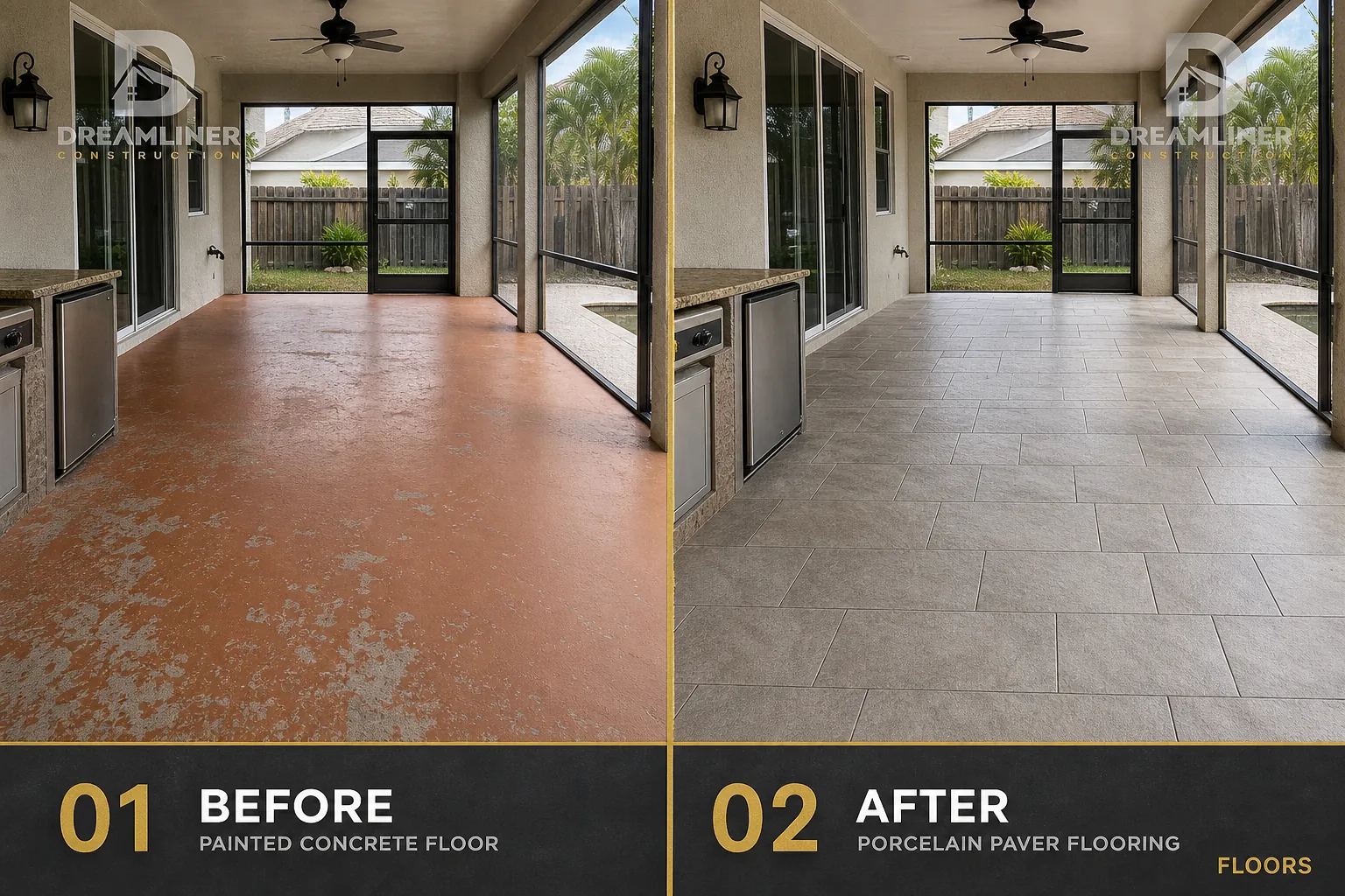Flooring upgrade: painted concrete replaced with porcelain paver flooring