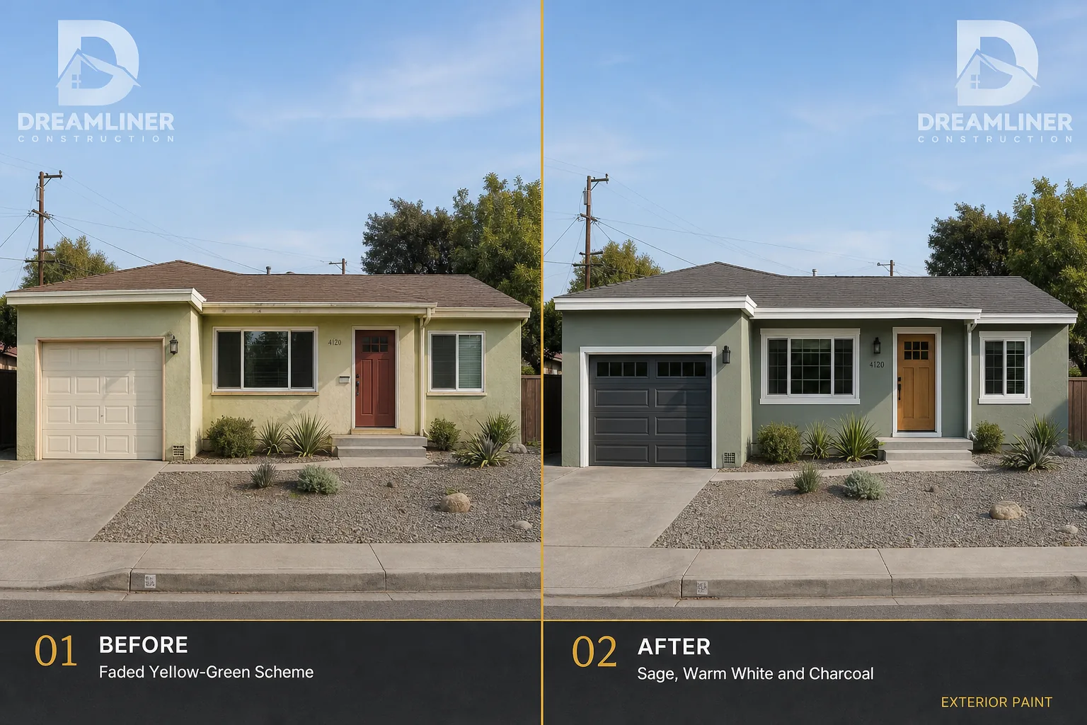 Exterior paint upgrade: faded yellow-green repainted in sage, warm white and charcoal