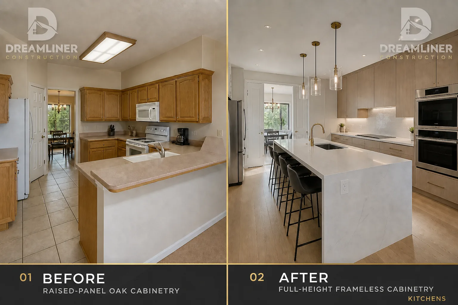 Kitchen upgrade: raised-panel oak cabinetry replaced with full-height frameless cabinetry