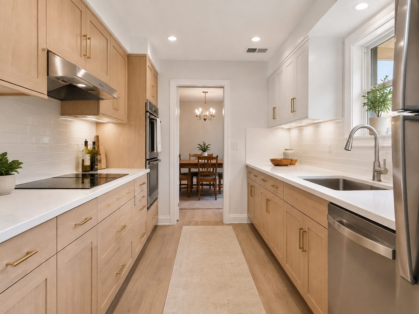 Updated galley kitchen with light oak-style cabinets, a white backsplash, and a modern sink