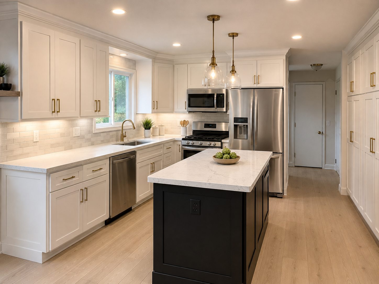 The same kitchen with white shaker cabinets, white quartz countertops, a black island, and gold hardware