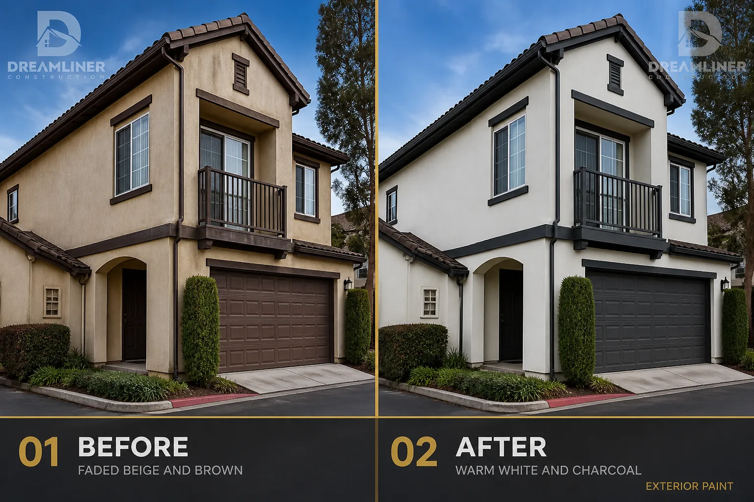 Exterior paint upgrade: faded beige and brown repainted in warm white and charcoal