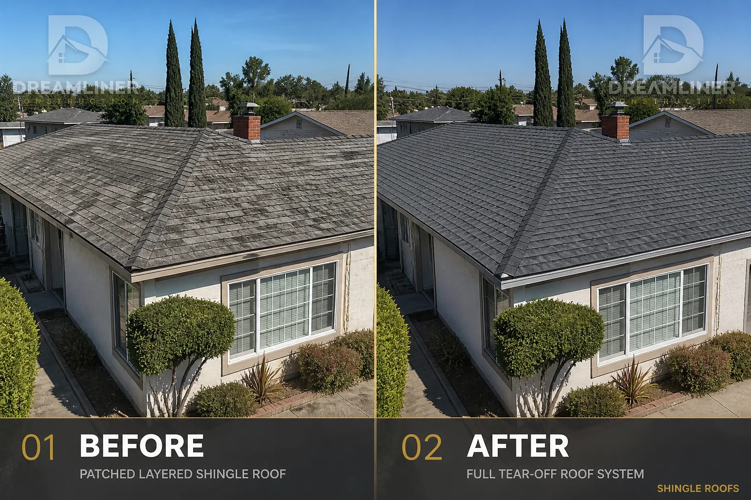 Roofing upgrade: patched layered shingles replaced with a full tear-off roof system
