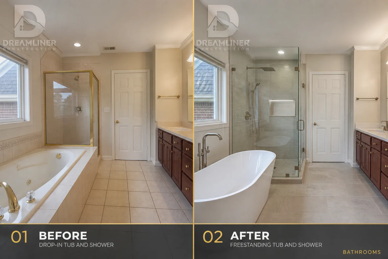 Bathroom upgrade: drop-in tub replaced with a freestanding tub and glass shower