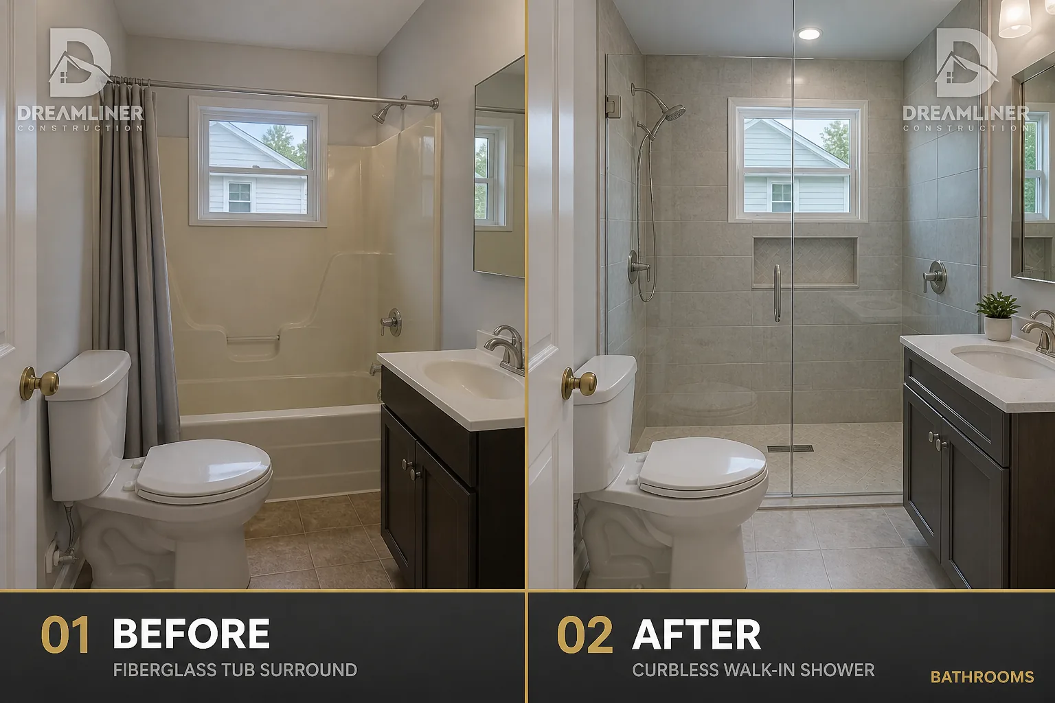 Bathroom upgrade: fiberglass tub surround replaced with a curbless walk-in shower