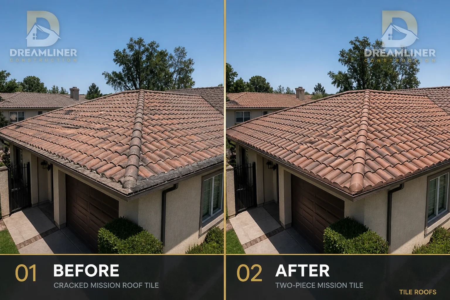 Roofing upgrade: cracked mission tile replaced with two-piece mission tile