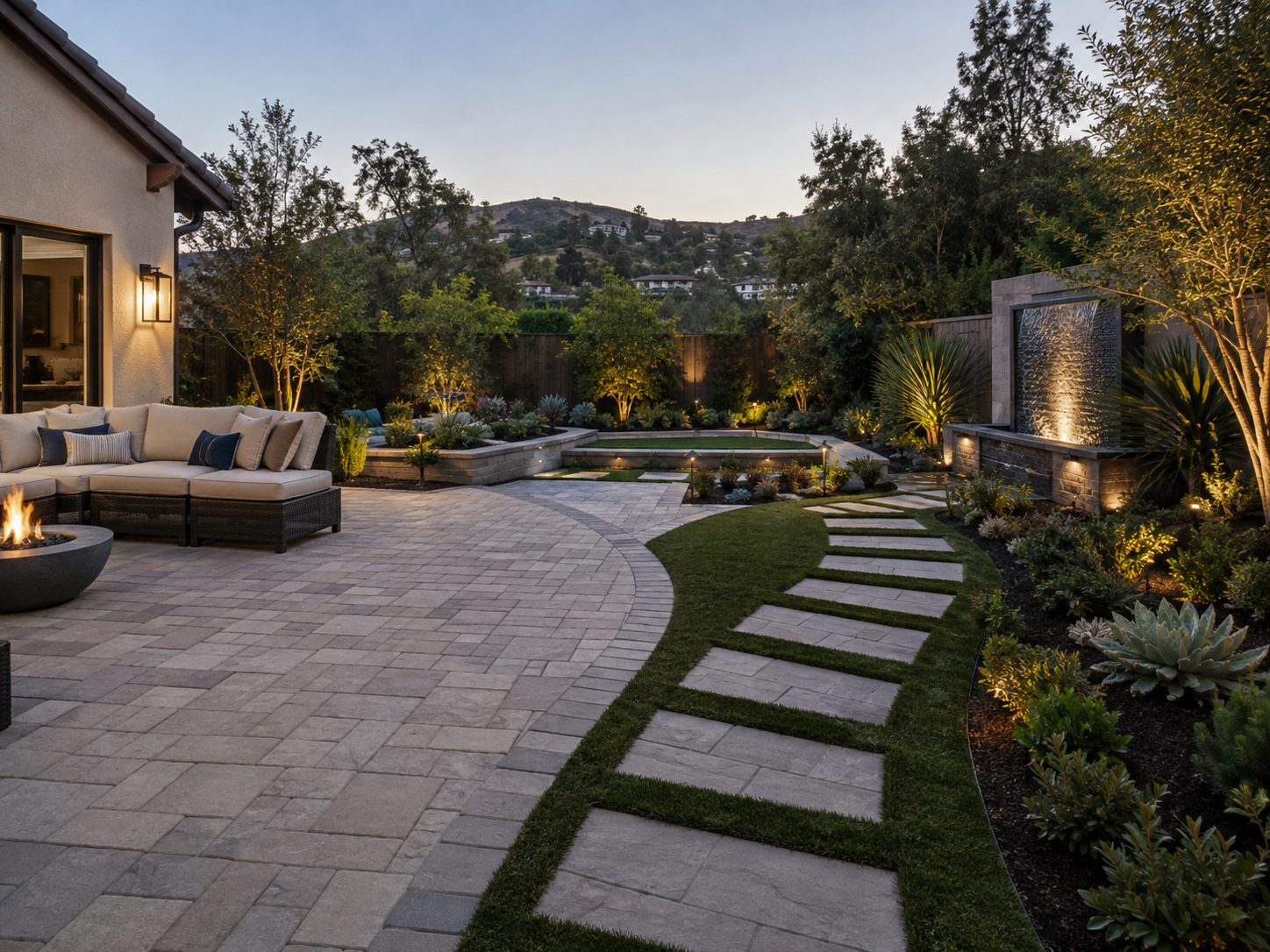 Paver patio at dusk with a fire pit lounge, stepping stone path set into turf, low retaining walls, a lit water feature wall, and landscape lighting