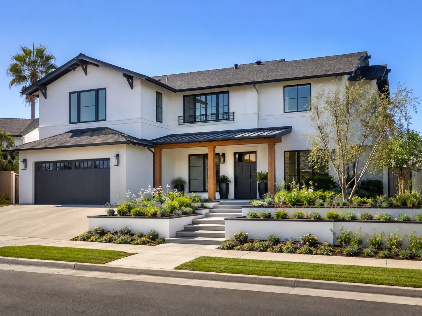 Two story white farmhouse elevation with a timber post porch, standing seam porch roof, black windows, and raised planter walls along the front walkway