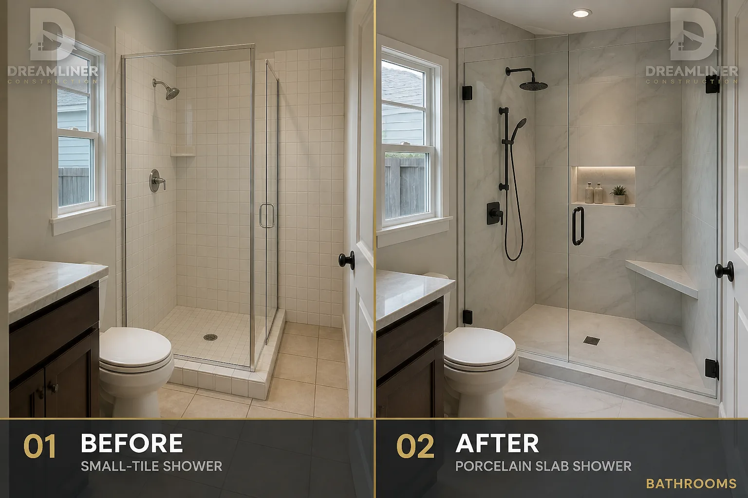 Bathroom upgrade: small-tile shower replaced with a porcelain slab shower