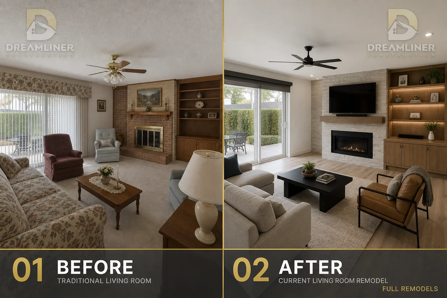 Whole-home upgrade: traditional living room reworked with a current fireplace wall and built-ins