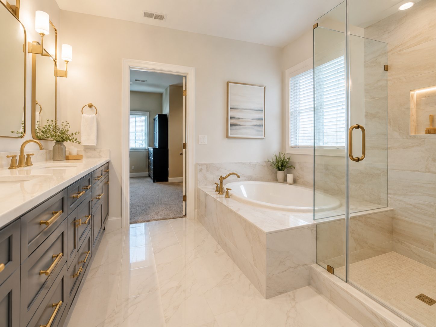 Remodeled bathroom with a freestanding-style tub, marble-patterned tile, and gray shaker cabinetry