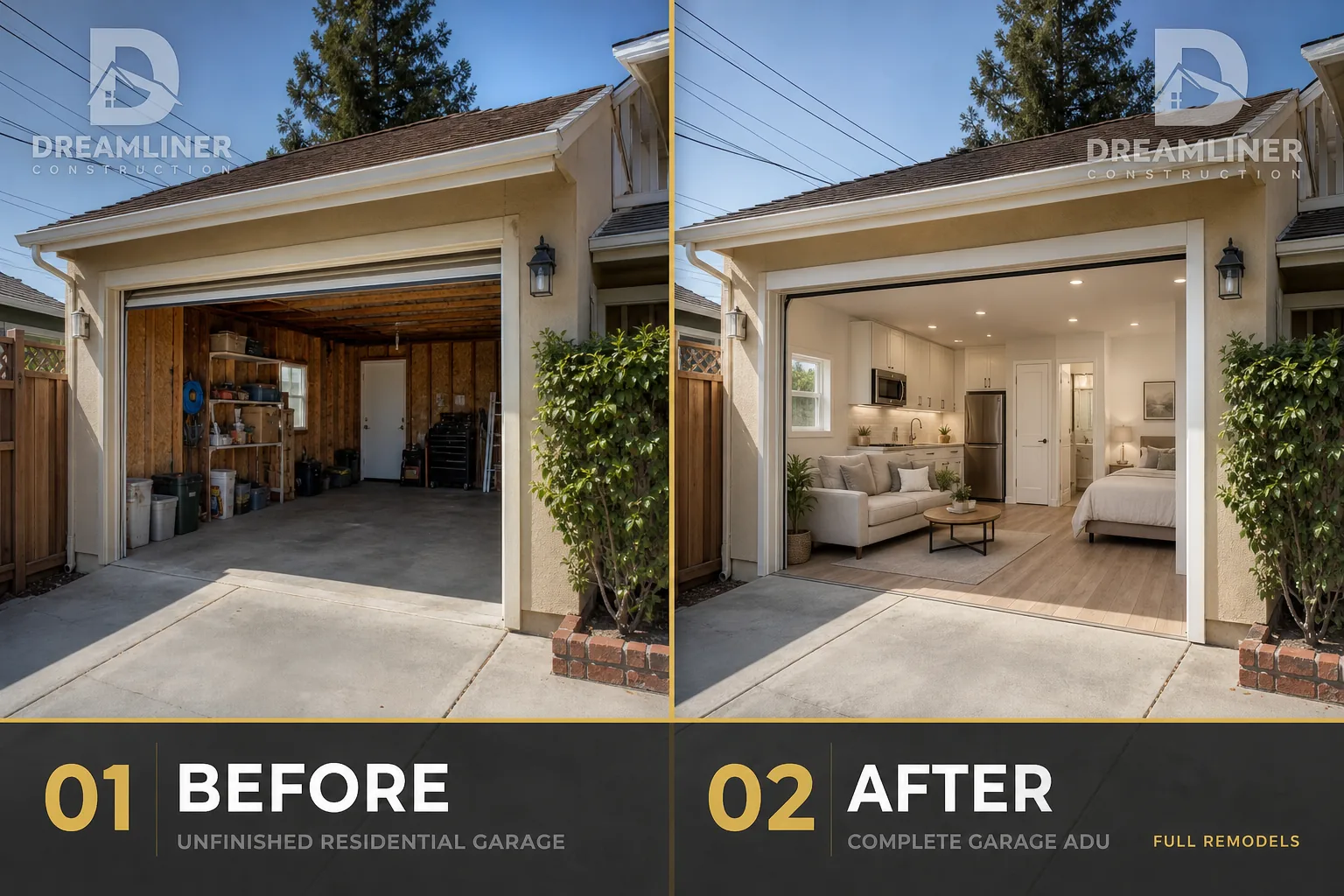 Garage conversion upgrade: unfinished residential garage converted into a complete ADU