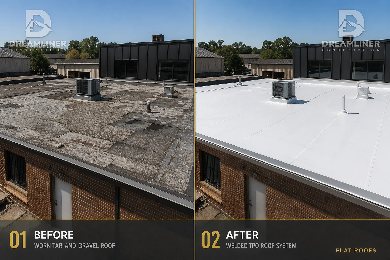 Roofing upgrade: worn tar-and-gravel roof replaced with a welded TPO system