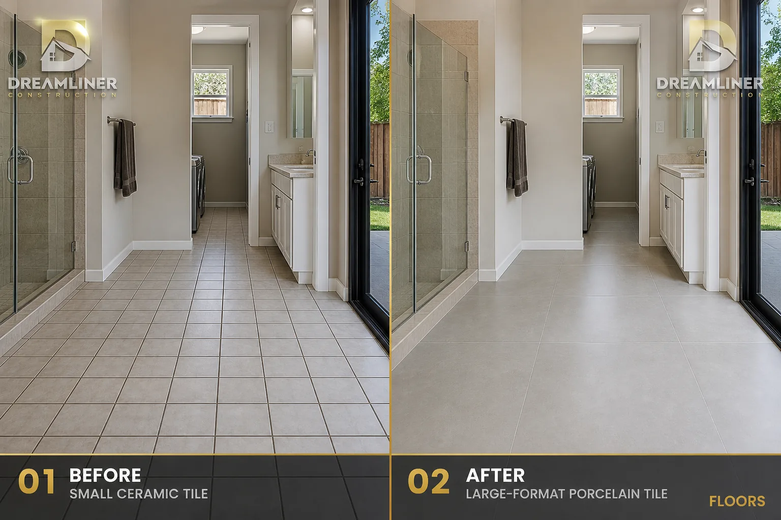 Flooring upgrade: small ceramic tile replaced with large-format porcelain