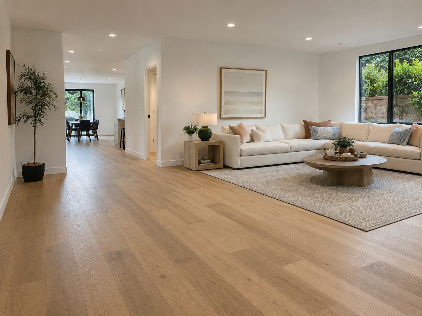 Open plan living room with wide plank oak flooring running through to the dining area, a cream sectional, and a large black framed picture window