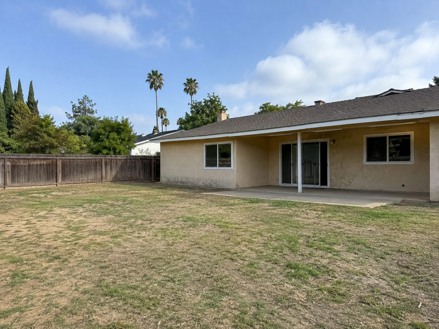 Back of a house with a bare concrete slab and patchy dead grass running to a wood fence