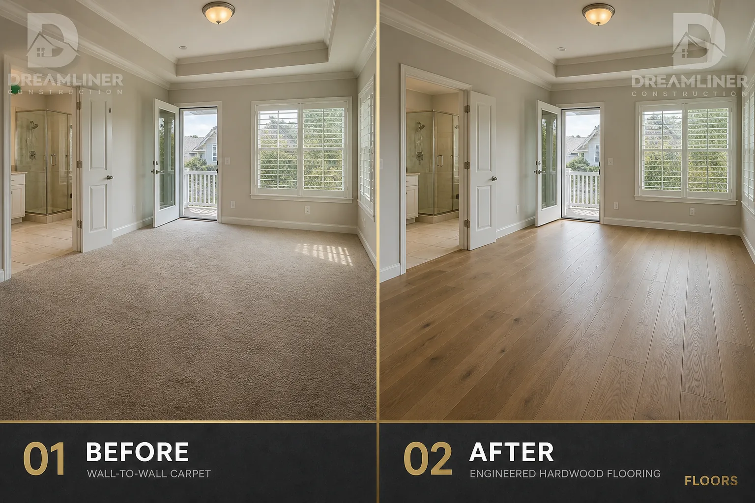 Flooring upgrade: wall-to-wall carpet replaced with engineered hardwood