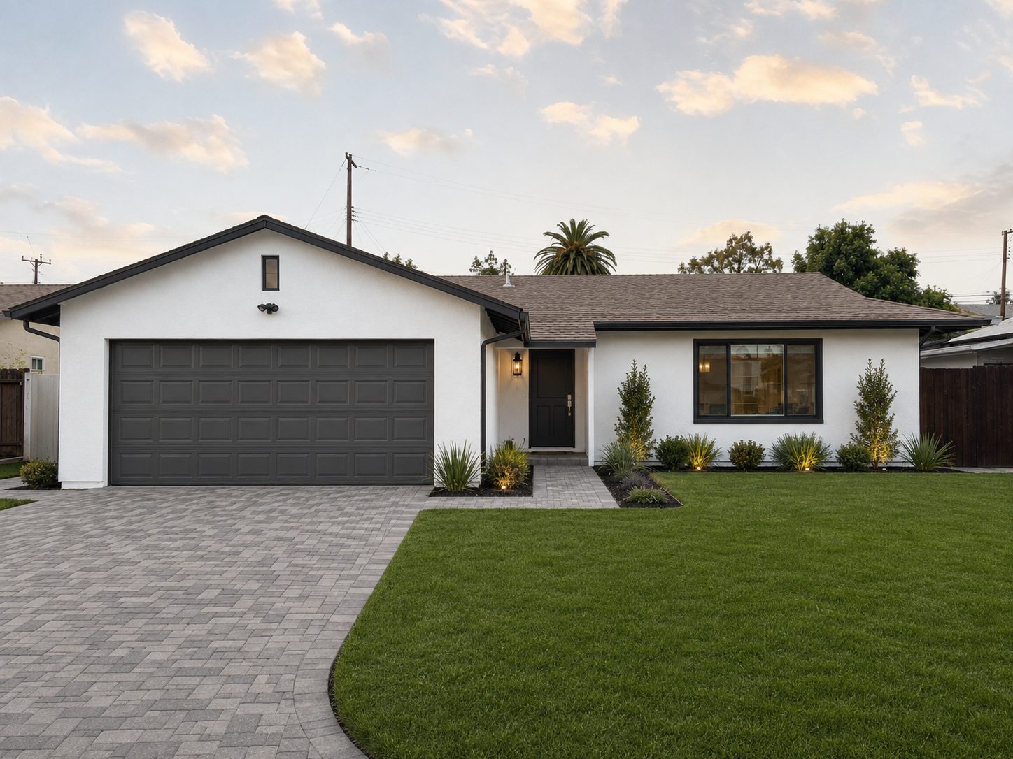 Repainted front elevation with fresh body colour, painted trim, and a repainted garage door, completed as part of a whole home exterior renovation