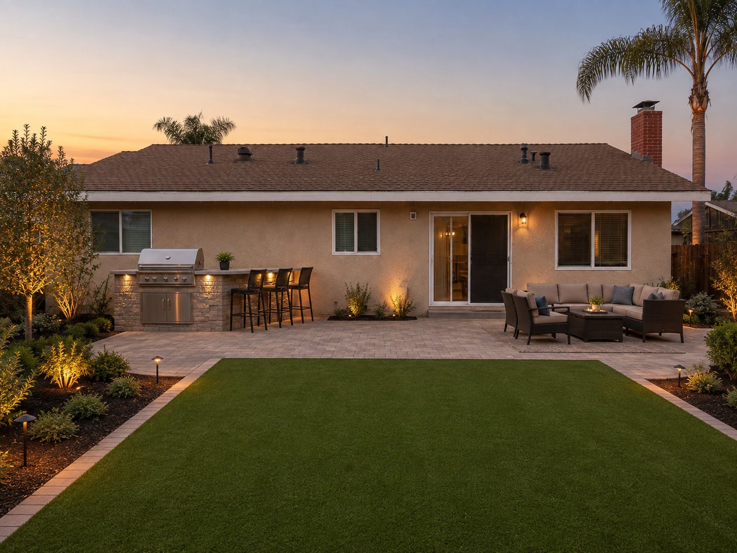 Backyard with a new artificial turf lawn bordered by paver banding, planting beds, and a block wall, installed as part of a full backyard build