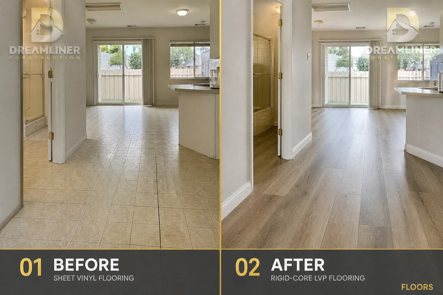 Flooring upgrade: sheet vinyl replaced with rigid-core luxury vinyl plank
