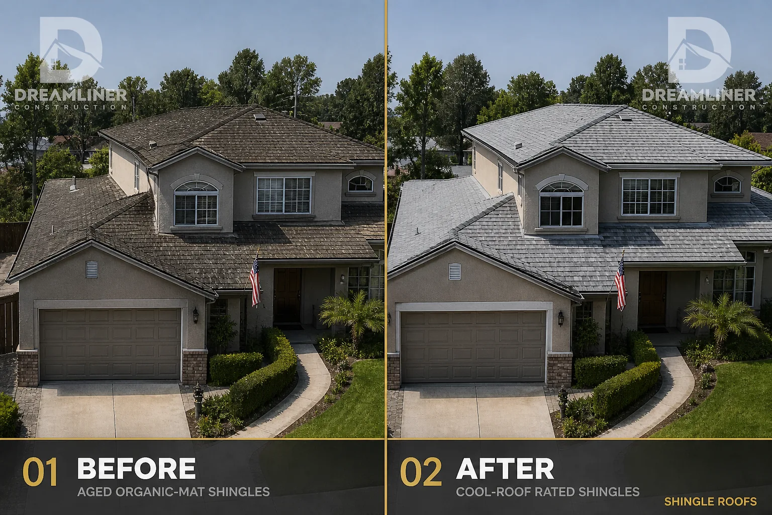 Roofing upgrade: aged organic-mat shingles replaced with cool-roof rated shingles