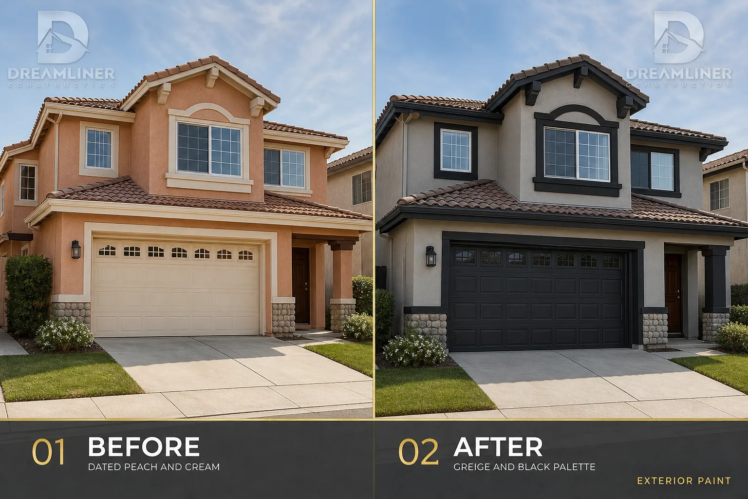 Exterior paint upgrade: dated peach and cream repainted in a greige and black palette