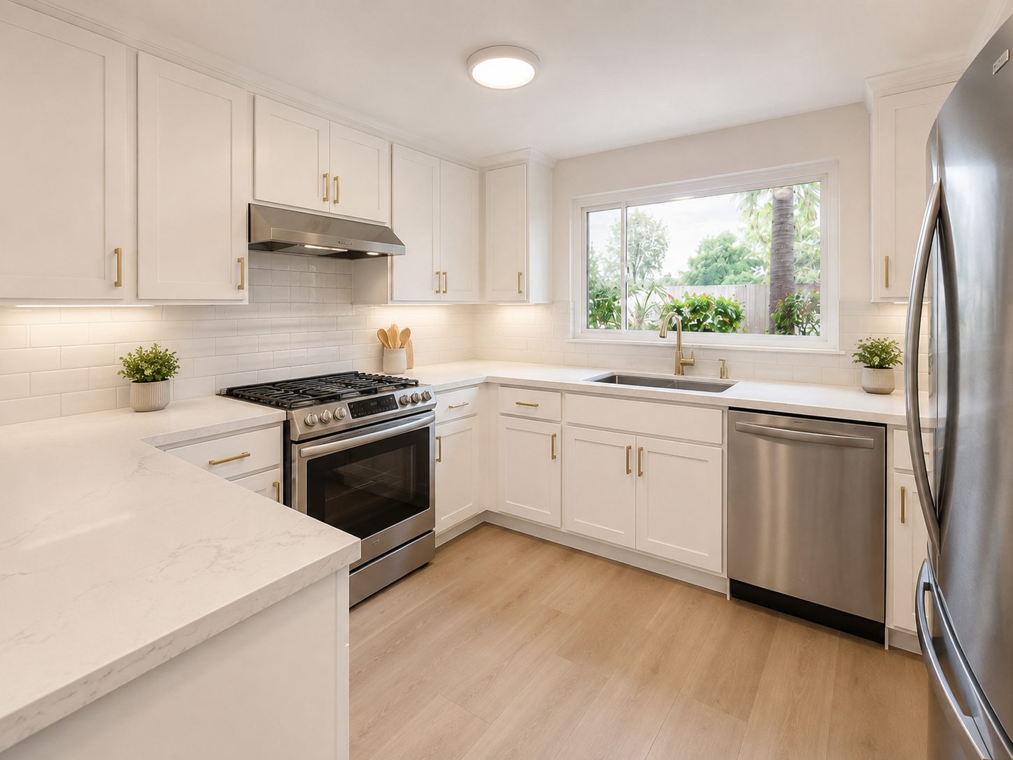 Remodeled corner kitchen with white cabinets, stainless steel appliances, and a gold faucet