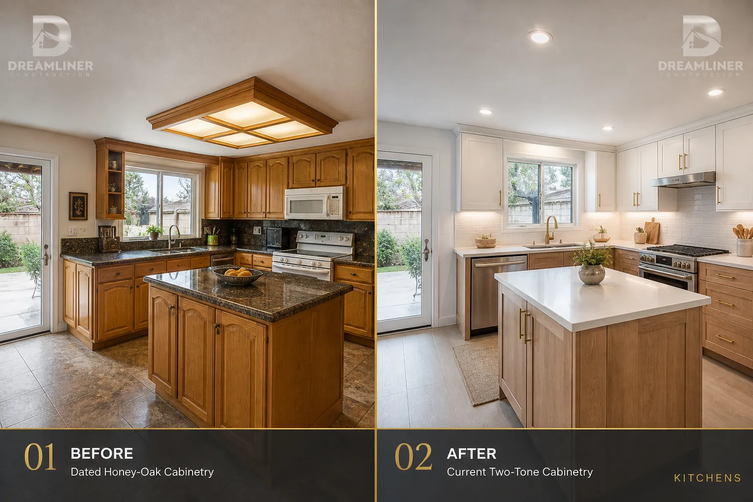 Kitchen upgrade: dated honey-oak cabinetry replaced with two-tone cabinetry